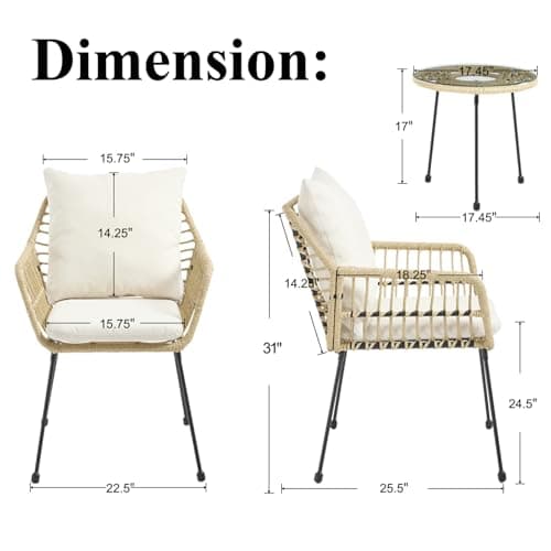 3 Pieces Outdoor Bistro Set, Bistro Set Outdoor with Glass Top Table, Patio Wicker Furniture Set 3 Piece, Rattan Conversation Set for Balcony, Lawn, Garden, Backyard, Poolside, Beige
