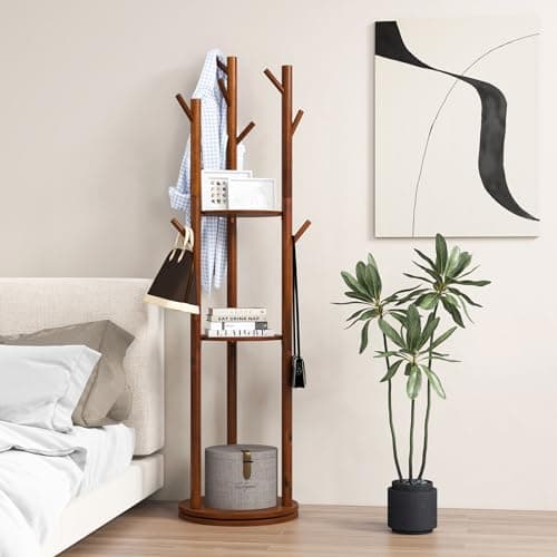 Tangkula Coat Rack Freestanding, Rotary Wooden Coat Tree with 3 Display Storage Shelves & 9 Hooks for Coats, Scarves, Hats & Bags, 66 Inches Coat Hanger Stand for Entryway, Bedroom, Office (Walnut)