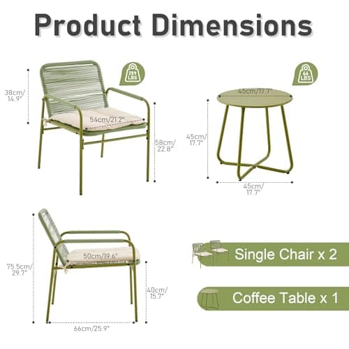 3-Piece Outdoor Wicker Patio Bistro Set, All-Weather Rattan Conversation Set with Round Side Table, Patio Furniture Set with Cushions for Deck, Balcony, Poolside, Porch and Yard, Green