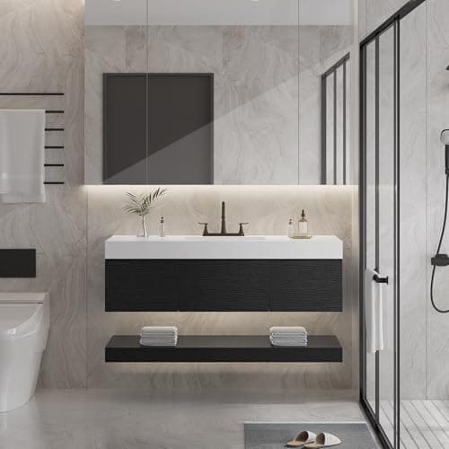 YITAHOME 48 Inch Floating Vanity with 3 Drawers, Wall Mounted Bathroom Vanity with White Quartz Countertop & Oak Veneer, Big Space Storage for Modern Bathroom, Black