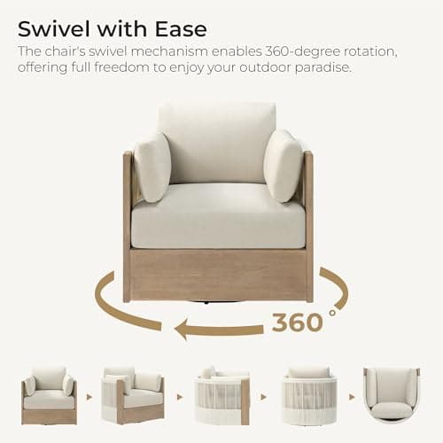 CHITA 3 Pieces Boho Patio Rattan Bistro Set, Outdoor Wicker Furniture Swivel Chairs & Side Table Set with 2 Arm Pillows, Acacia Wood Frame, Fully Assembled(Cream)