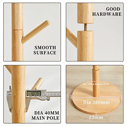 Wooden Coat Rack, Free Standing Coat Stand with 8 Hooks and 3 Height Options, Sturdy Kids Coat Tree Easy to Assemble, for Entryway Home Office Jackets Hat Purse Natural YD-1010