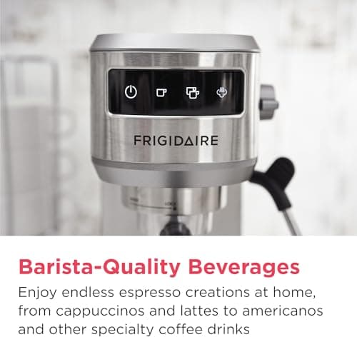 Frigidaire Steam Espresso Maker, Coffee Machine with Milk Frother & Cup Warmer, 20 Bar Pressure, 34 oz Removable Water Tank, Single or Double Shot, Stainless Steel