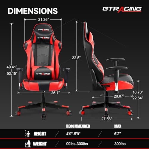 GTRACING Gaming Chair with Reclining Backrest, Adjustable Height and Swivel Base, Ergonomic Computer Chair with Headrest and Lumbar Support (Red)