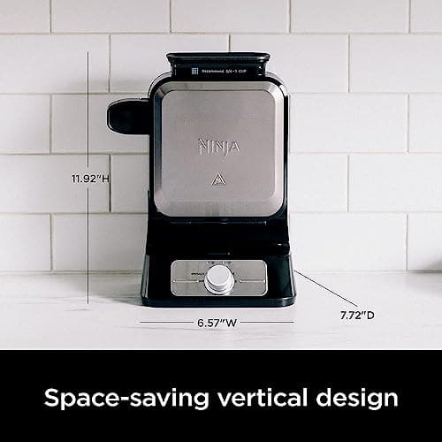 Ninja BW1001 NeverStick PRO Belgian Waffle Maker, Vertical Design, 5 Shade Settings, Precision-Pour Cup NOT Included* (Renewed) (White)