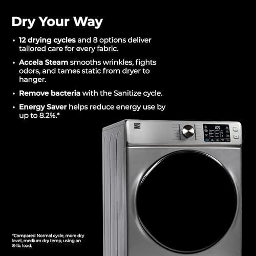 Kenmore 2682273 Front Load Electric Dryer with Steam, Wrinkle Guard, Energy Saver, Smart Sensor Drying System, 8.0 cu. ft. Total Capacity, Metallic Silver