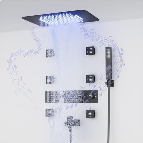 23" Full Body Thermostatic Shower System with Body Jets, Luxury LED Music Rainfall Waterfall Shower Jets System In Wall, Smart Ceiling Mount Multi Function Rain Shower Faucet Set