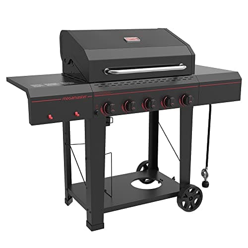 720-0982 5 Burner Propane Barbecue Gas Grill, Side Shelves with Hooks, for Outdoor Cooking, Patio, Garden Barbecue Grill, 50000 BTUs, Open Chart, Black
