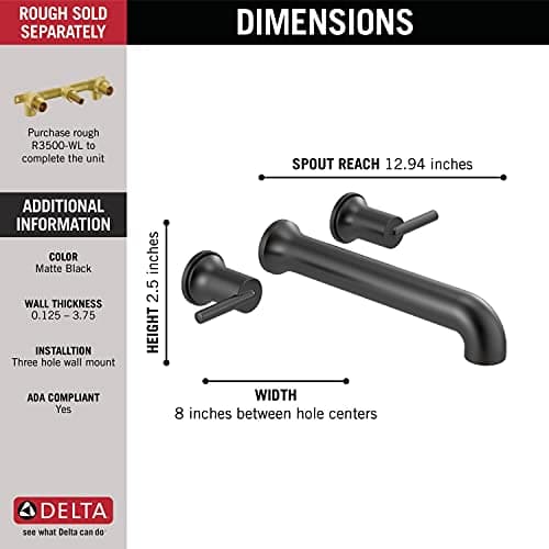 DELTA Faucet Contemporary Wall-Mounted Tub Filler - T5759-BLWL - Modern Bathroom Tub Faucet & Handles - Sleek Bathroom Fixtures - Matte Black (Valve Sold Separately)