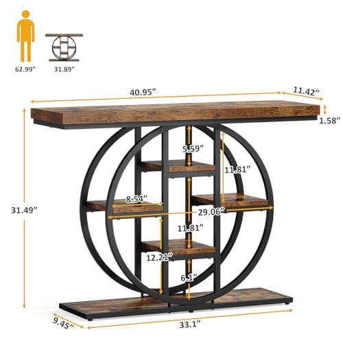 41" Console Table for Entryway, 4-Tier Industrial Narrow Wood Sofa Accent Tables with Circle Storage Shelves for Living Room, Hallway, Foyer (Rustic Brown)