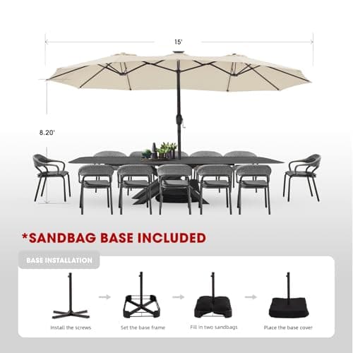 wikiwiki 15ft Large Patio Umbrellas with Base Included, Outdoor Double-Sided Umbrella with Crank Handle, Powerful UV Protective, for Pool Lawn Garden, Beige