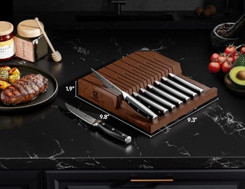 Steak Knives Set of 8 with Drawer Organizer Built-in Sharpener, 4.6 Inch Non Serrated Dinner Knife, Forged German Steel Damascus Pattern Straight Edge Meat Knife with Full Tang Handle, Black