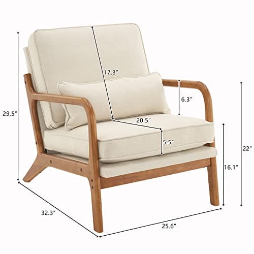Karl home Accent Chair Mid-Century Modern Chair with Pillow Linen Fabric Upholstered Lounge Arm Chair with Solid Wood Frame & Soft Cushion for Living Room, Bedroom, Balcony, Beige