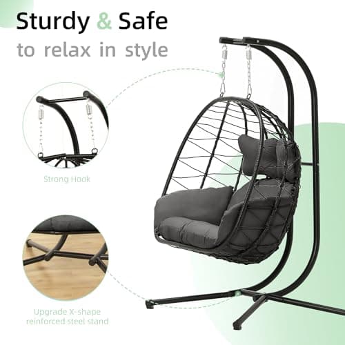 Double Egg Chair wth Stand Hammock Swing Chair Foldable Hanging Loveseat, UV Resistant Removable Cushions, 700LBS Capacity for Bedroom, Balcony, Garden(BK-GR)