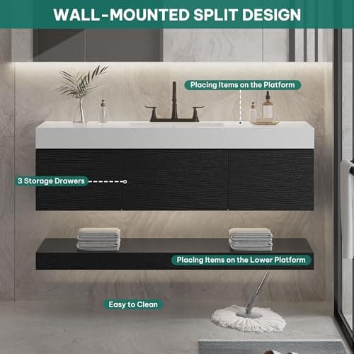 YITAHOME 48 Inch Floating Vanity with 3 Drawers, Wall Mounted Bathroom Vanity with White Quartz Countertop & Oak Veneer, Big Space Storage for Modern Bathroom, Black
