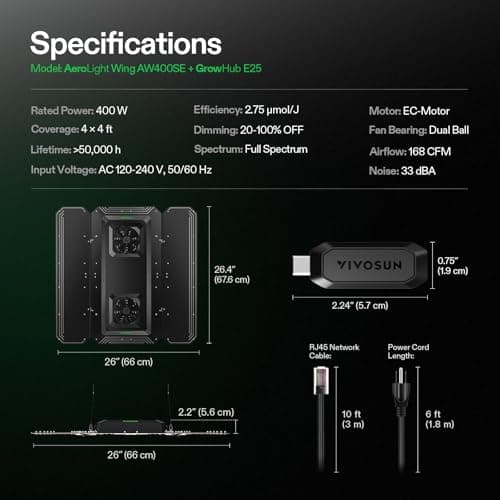 VIVOSUN AeroLight Wing AW400SE & GrowHub Controller E25, LED Grow Light 400W with Integrated Circulation Fan, Full Spectrum, Compatible with App & E42A, 4x4/5x5 ft Coverage