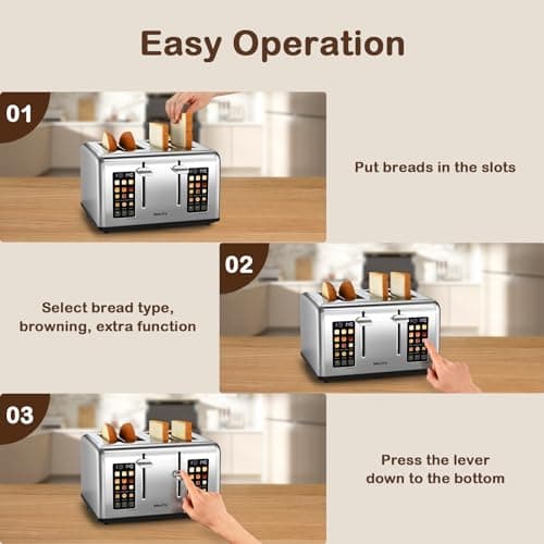 Mecity 4 Slice Toaster with Touch Screen Control, 4 Wide Slots, Stainless Steel Smart Bread Toaster for Bagels, Muffins, Waffles, Dual Control Panel, Timer, Defrost, Reheat, 120V 1650W