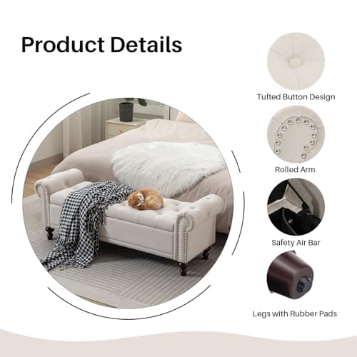 58.1'' Storage Bench Upholstered Linen End of Bedroom Bed Bench Ottoman with Tufted Cushioned Rolled Arm Large Storage Space for Reading Living Room Entryway, Beige