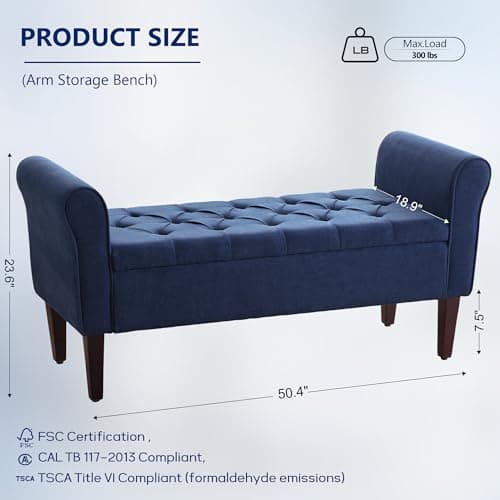 HUIMO 50.4" Arm Storage Bench with 7.5-inch Solid Wood Legs, Button-Tufted Storage Ottoman, Upholstered Window Sitting Bench for Bedroom,End of Bed Bench Indoor, Living Room, Entryway (Blue)