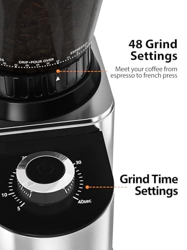 Aromaster Coffee Bean Grinder with 48 Gind Settings, Conical Burr Coffee Grinder for Home Use,Stainless Steel,40 Seconds Adjustable Timer,Anti-static,Easy to Clean with Brush