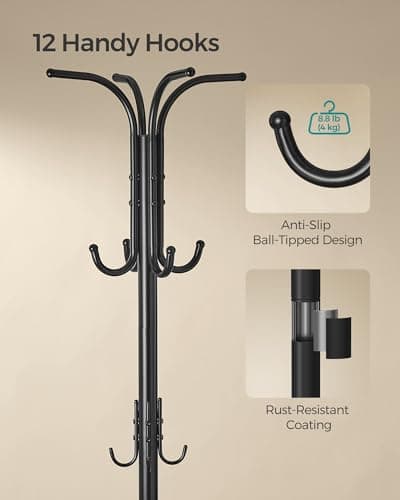 SONGMICS Coat Rack Freestanding, Coat Rack with Umbrella Holder with 12 Hooks, for Entryway, Hallway, Living Room, Bedroom, Ink Black URCR011B01