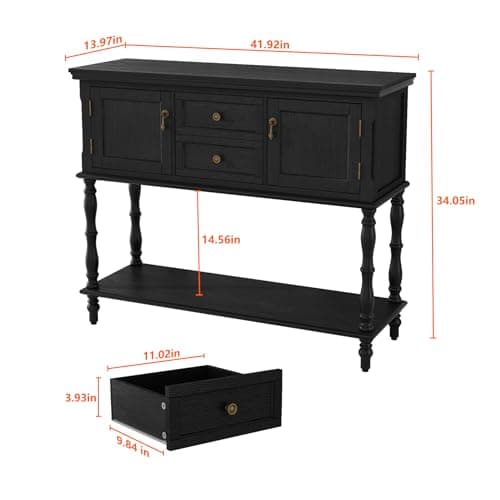 ARTPOWER Console Table with 2 Drawers, Retro Entryway Table with 2 Door Cabinets and Open Storage Shelf, Narrow Long Behind Couch Sofa Table for Living Room, Foyer, Hallway, Black
