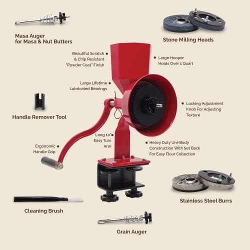 WONDERMILL Hand Grain Mill Red Wonder Junior Deluxe- Manual Grain Mill and Grain Grinder for Dry and Oily Grains - Kitchen Flour Mill, Hand Crank and Spice, Corn, Wheat Stone Mill Grinder