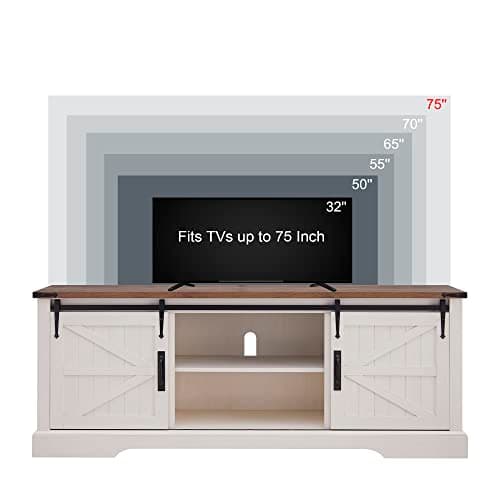 OKD Farmhouse TV Stand for 75 Inch TV with Sliding Barn Door, Rustic Wood Entertainment Center Large Media Console Cabinet Long Television Stands for 70 Inch TVs, Antique White