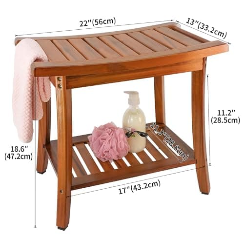 Utoplike Teak Shower Bench Seat with Handles, Portable Wooden Spa Bathing Stool with Storage Towel Shelf, 22" x 13" x 18.6", Perfect for Indoor and Outdoor Use