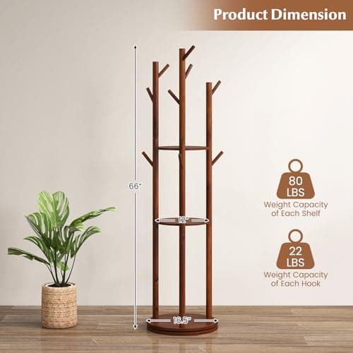 Tangkula Coat Rack Freestanding, Rotary Wooden Coat Tree with 3 Display Storage Shelves & 9 Hooks for Coats, Scarves, Hats & Bags, 66 Inches Coat Hanger Stand for Entryway, Bedroom, Office (Walnut)