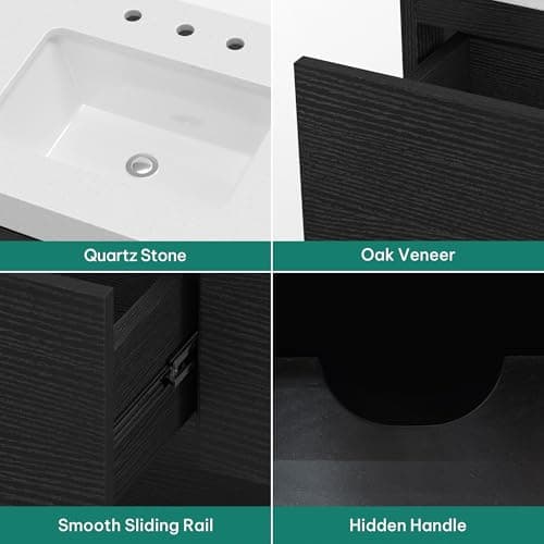 YITAHOME 48 Inch Floating Vanity with 3 Drawers, Wall Mounted Bathroom Vanity with White Quartz Countertop & Oak Veneer, Big Space Storage for Modern Bathroom, Black