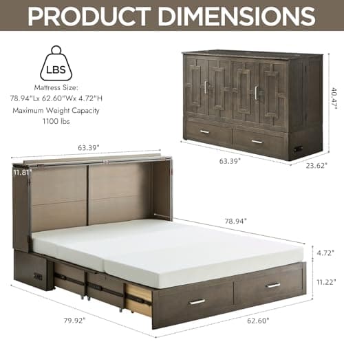 Murphy Bed Cabinet with Mattress, Queen Size Wall Beds with Large Storage Drawer and Charging Station, Hideaway Murphy Bed Chest for Home Office or Small Room (Gray)