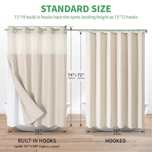 No Hooks Polyester Textured Shower Curtain with Snap-in Fabric Liner Set, Hotel Luxury Decor Shower Curtains for Bathroom with See Through Top Window, Waterproof & Washable, 71Wx74H, Cream