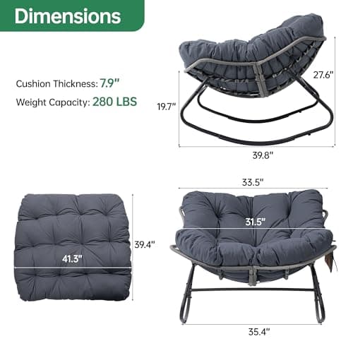 LotFun Papasan Rocking Chair, Outdoor Patio Rocking Chairs with Thick Cushion and Removable Side Pockets, Oversized Rocker Egg Chair for Bedroom, Porch, Garden (Dark Grey, 33" W x 40" D x 28" H)