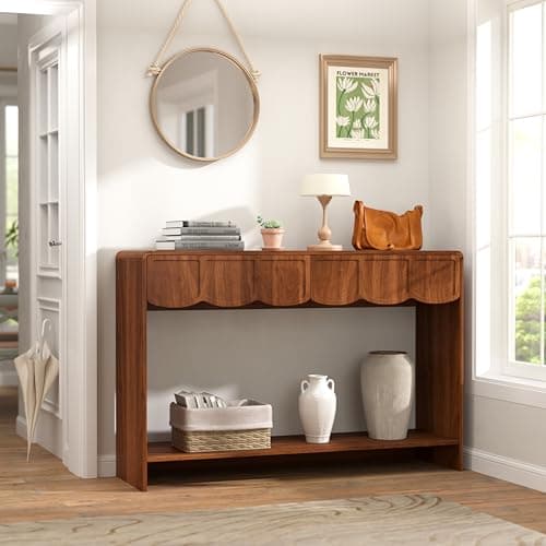 Console Table with Drawers, Mid-Century 43 Inches Narrow Entryway Tables with Open Storage Shelves, Hallway Accent Tables Behind Couch Table for Living Room - Walnut