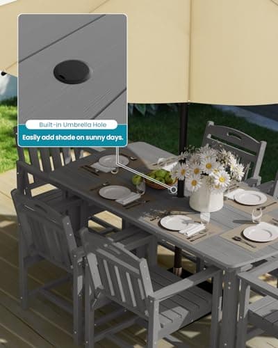 HDPE Outdoor Dining Set 7-Piece Patio Table and Chairs with Umbrella Hole, All-Weather Patio Dining Set for 6, Durable Patio Furniture Set for Backyard, Garden, Lawn & Poolside, Grey