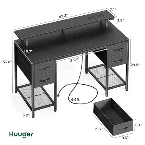 Huuger 47 inch Computer Desk with 4 Drawers, Gaming Desk with LED Lights & Power Outlets, Home Office Desk with Large Storage Space for Bedroom, Work from Home, Black