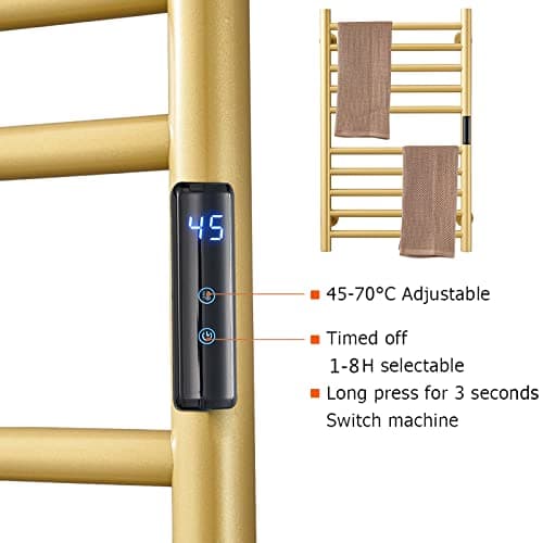 Gold Heated Towel Warmer Radiator Bathroom Accessories, Built-in Timer Temperature Control 10 Bars Electric Heated Towel Racks for Bathroom, Stainless Steel Towel Warmer Drying Rack, (Hardwired)
