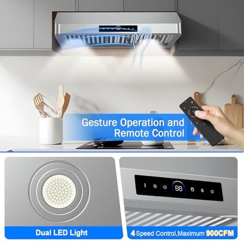 30 Inch Under Cabinet Range Hood with 1200CFM Powerful Suction,Stainless Steel Ducted Vent Hood with 4 Speeds,Smart Touch Panel, 3W LED Lights, Quiet Kitchen Exhaust Hood,18B-E30