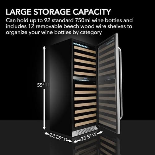 Whynter BWR-0922DZ 92 Wine Bottle Built-in or Freestanding Stainless Steel Dual Zone Compressor Large Capacity Refrigerator Rack for Open LED Display, Dark Grey-92 Grey