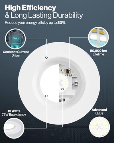 Sunco 12 Pack 6 Inch LED Can Lights, Retrofit Recessed Lighting, Smooth Trim, 965 LM, 13W (75W Equivalent), Selectable CCT 2700K/3000K/3500K/4000K/5000K, Dimmable, Damp Rated UL
