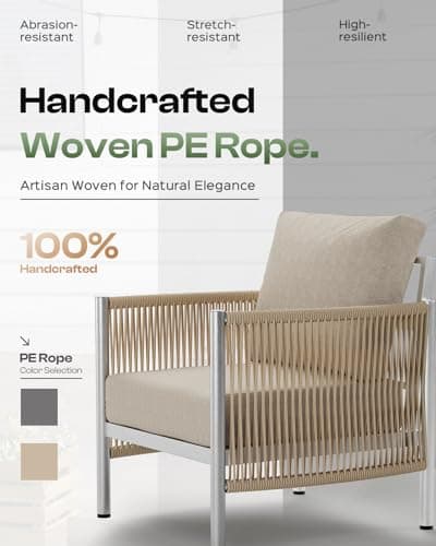 Aluminum Outdoor Patio Furniture Set, HDPE Rope 5 Piece Modern Sectional Conversation Sets with Dual-Layer Coffee Table, All Weather Patio Couch Sofa with Thick Cushions, Silver Frame, Beige