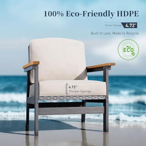 HDPE Outdoor Patio Furniture 4-Piece Set, All Weather Modern Patio Conversation Sets with Wood-grain Extended Table, Outdoor Patio Couch Set, Black Frame with Beige 4.7" Thick Cushions
