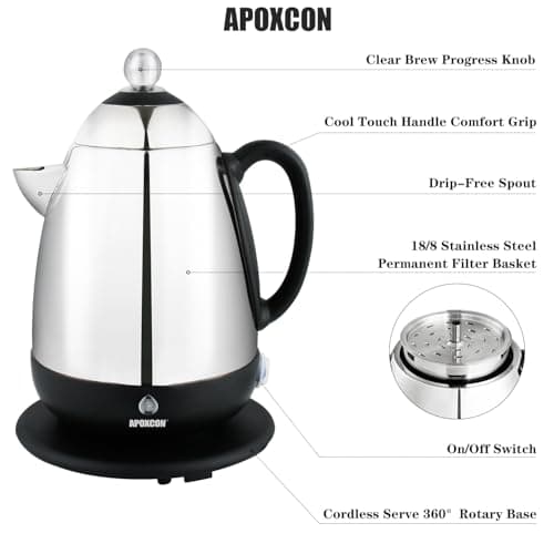 Electric Coffee Percolator Stainless Steel Coffee Maker with Clear Brew Progress Knob and No-Drip Spout Auto Keep Warm & Cordless Serving Coffee pot with On/OFF Switch Fast Brew (10 Cup)