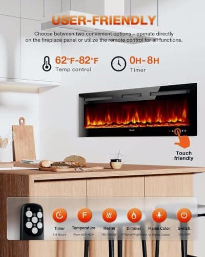 Electric Fireplace 60Inch,Wall Mounted Electric Fireplace Heater with Timer Inserts，TV Stand Touch Screen and Realistic Flame,Log Set,Crystal Flames 750 to 1500W，Remote for Living Room