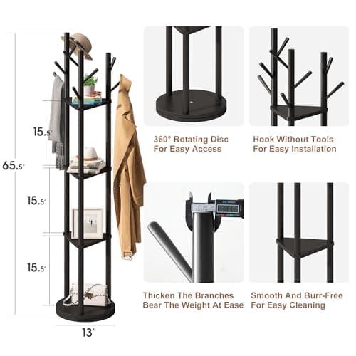 FILWH Bamboo Coat Rack Rotary Freestanding with Shelf Coat Tree Stand for Hallway Entryway with 9 Hooks and 3 Storage Shelves (Black)