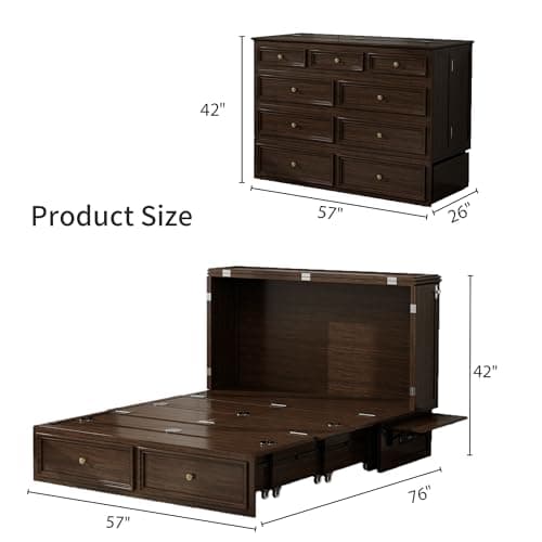 Murphy Bed Cabinet Full with Tri-Folding Mattress, Solid Wood Murphy Bed with 2 USB & 2 Charging Ports, Large Storage Drawer for Home Office or Small Space, Ebony Wood Color