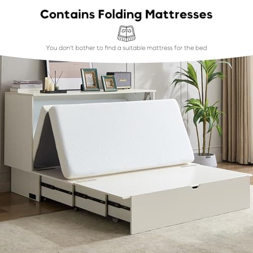 Queen Size Murphy Bed Cabinet with Charging Station & Storage Drawer, Wall-Mounted Tri-Fold Mattress Space Saver for Bedroom, Living Room, Office - White