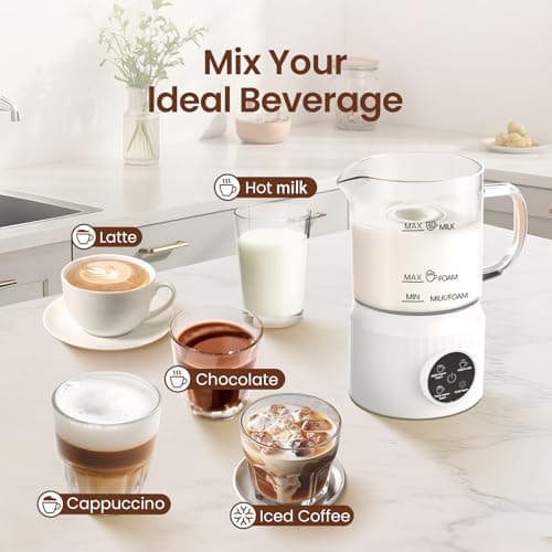 4-in-1 Milk Frother, Electric Milk Frother and Steamer with LED Touch Screen, Non-stick Bottom, Milk Warmer 13.52oz for Lattes, Cappuccinos, and Macchiatos at Home, White