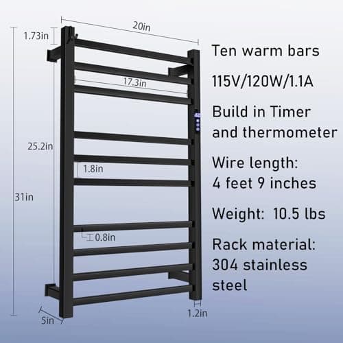 Black Towel Warmer Rack for Bathroom with Timer/Fahrenheit Display Electric Heated 10 Bars Drying Rail Plug-in or Hardwired Wall Mounted Heating Bath Towel Warming(Matte Black)